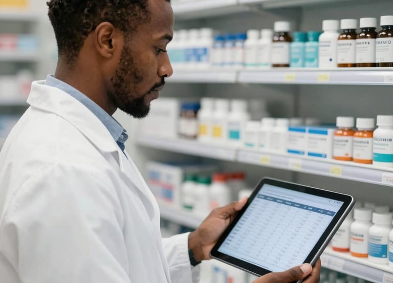 A modern African pharmacy setting with digital interfaces and healthcare professionals using tablets.