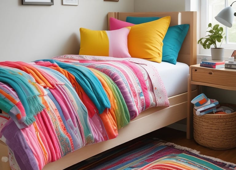 A joyful child receiving a new bed and bedding.