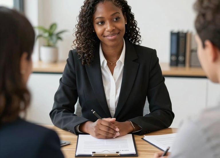 A business professional reviews a digital profile on a smartphone while signing legal documents at a desk.
