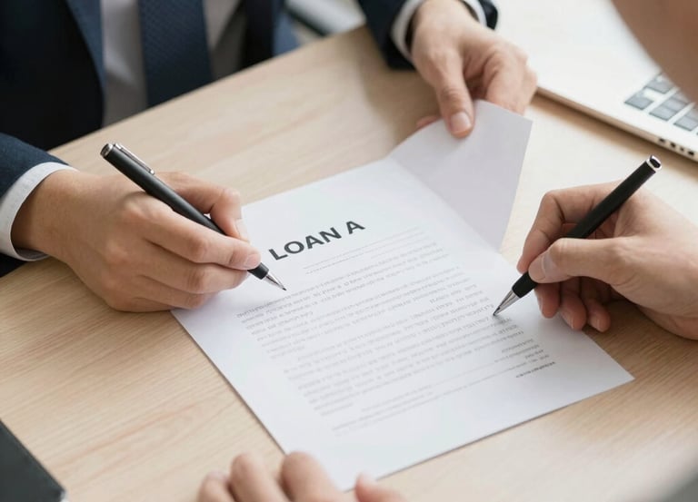 A professional loan signing agent handing over documents to a satisfied client.