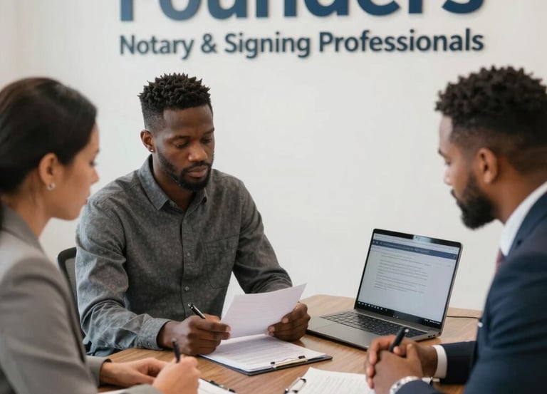 A professional loan signing agent handing over documents to a satisfied client.