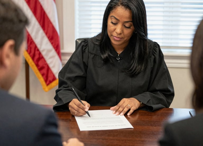 A professional notary signing agent carefully reviewing loan documents at a desk.