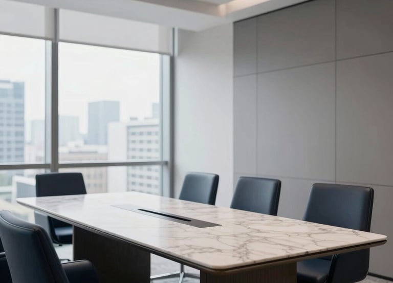 A professional lawyer reviewing financial documents with a calm and confident expression in a modern office.