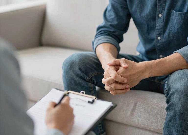 A calm therapy room with soft lighting and comfortable chairs arranged for a group session.