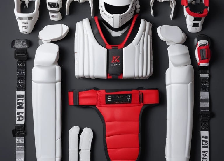 A karate athlete wearing lightweight protective gear practicing a high kick in a bright dojo.