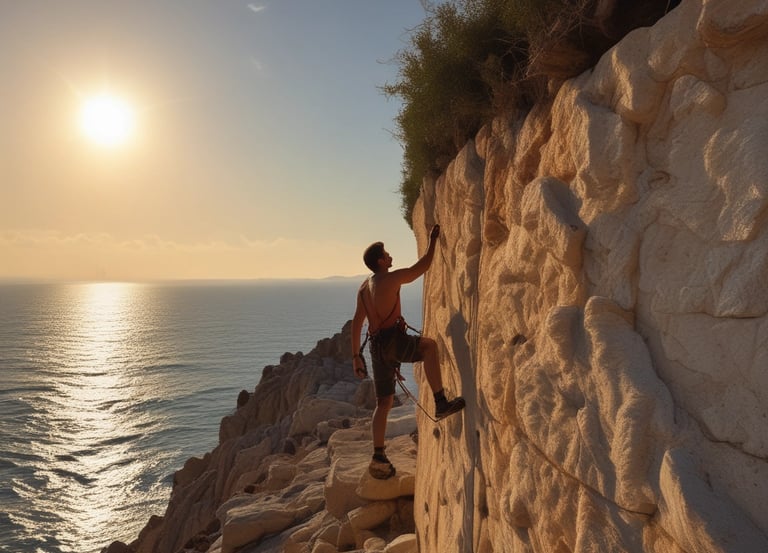 A group climbing a multi-pitch route on a steep rocky cliff in Alicante under clear skies.