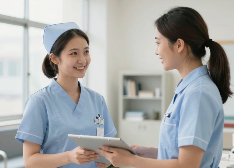 A group of nurses praying together in a hospital chapel, sharing a moment of fellowship.