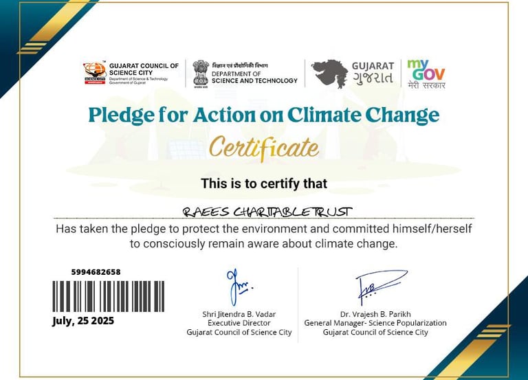 <title>Climate Change Certificate - Raees Charitable Trust | Environmental Sustainability Action</ti