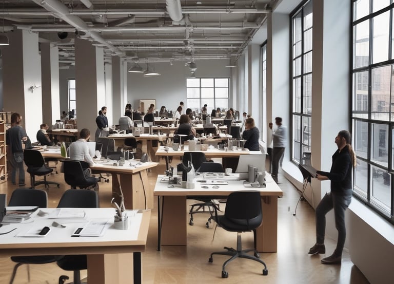A friendly team collaborating around a table with laptops and notes.