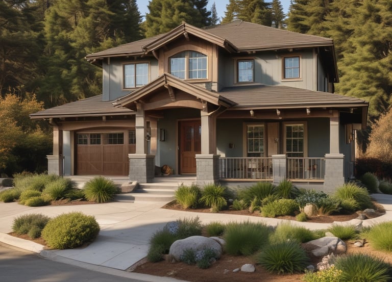 A friendly real estate agent shaking hands with happy clients in front of a charming Bay Area home.