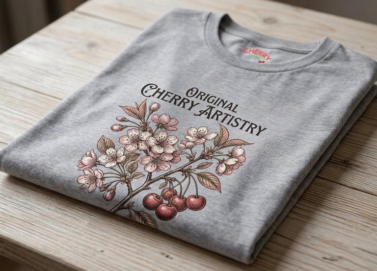 Camiseta gris con diseño botánico de flores de cerezo y texto Original Cherry Artistry.