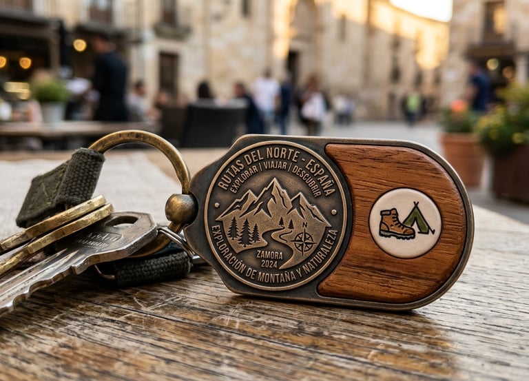 Llavero de madera y metal Rutas del Norte España: Exploración de montaña y naturaleza en Zamora.