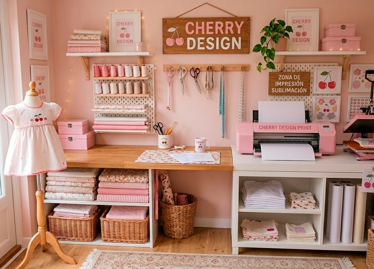Pink sewing studio and craft room featuring a fabric printer, cherry decor, and sewing supplies.