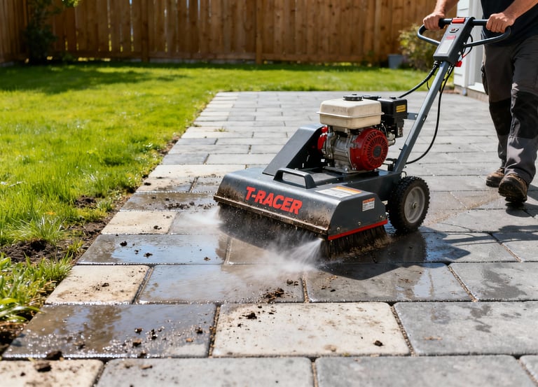 a man is using a concrete blocker to clean the driveway