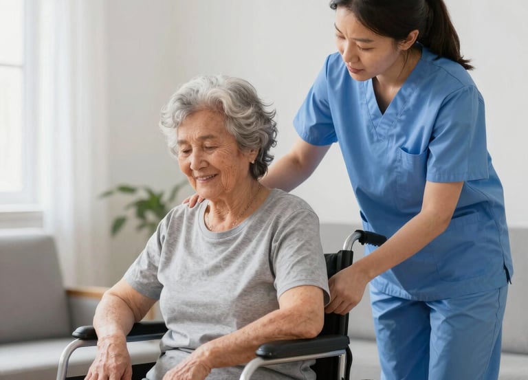 A warm caregiver gently assisting an elderly woman in a cozy living room.