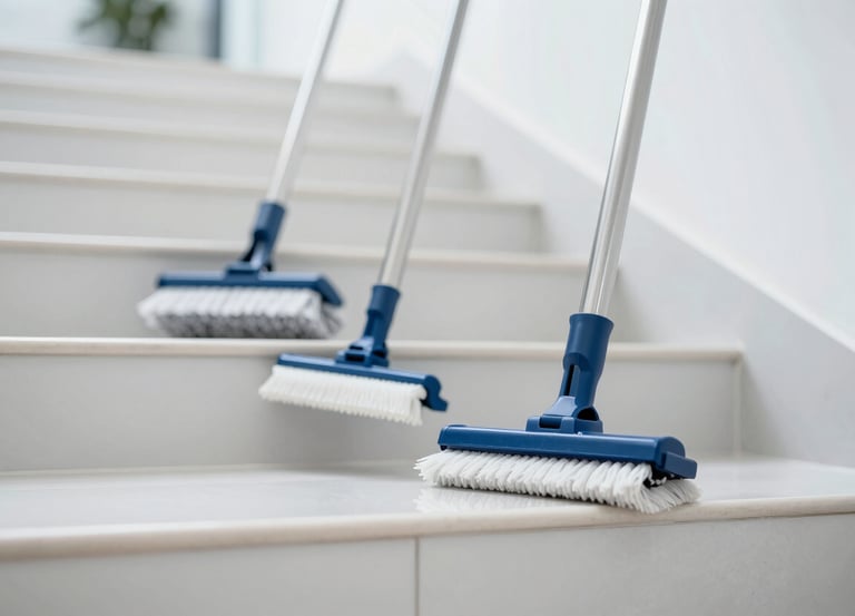 A close-up shot of professional cleaning tools and a brightly polished staircase in a corporate building. The lighting is crisp and clean. The color palette emphasizes #1A2C3C and #F4F8FC. The vibe is one of efficiency and high-quality maintenance.
