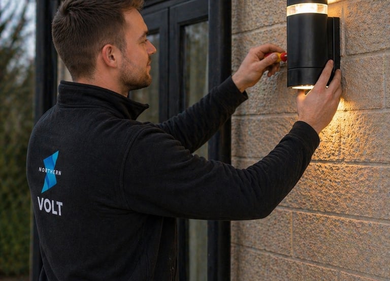 Northern volt employee installing outside light