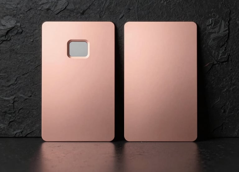 Two large cards side by side with gilded copper borders on a cream background, each labeled with rose-gold monospace text.