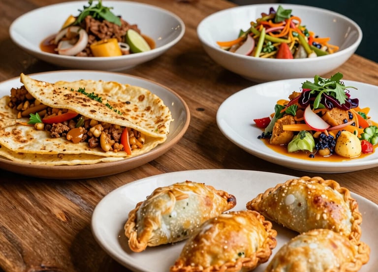 A colorful spread of Latin-inspired brunch dishes with fresh tropical fruits and vibrant cocktails on a sunlit table.