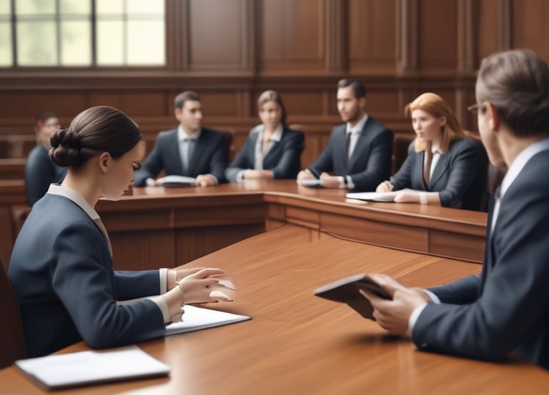 A professional lawyer consulting with a client in a warm, modern office.