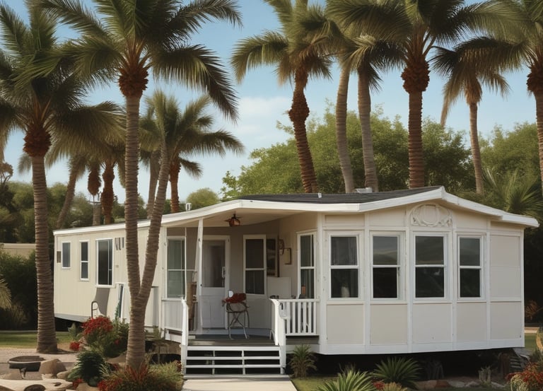 A friendly agent showing a mobile home to a happy couple on a sunny day.