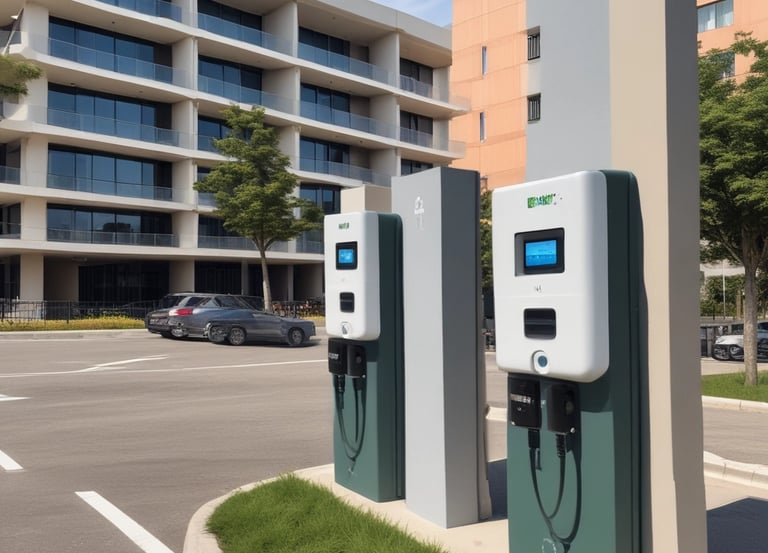 Electric vehicle charging station installed in a modern condominium parking lot in Brasília.