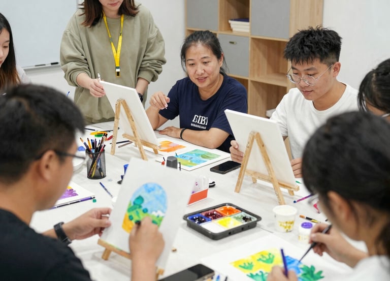 A vibrant workshop scene with young people collaborating around circular tables, creating art with mixed media under soft natural light.