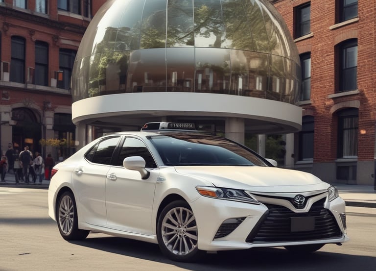 A sleek black and green taxi with a happy passenger inside, set against a modern city backdrop.