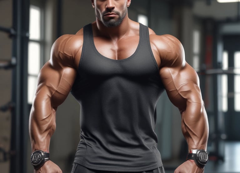 A dynamic photo of a muscular fitness influencer collaborating with a brand representative in a gym setting.