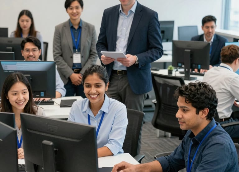 Three professional consultants collaborating over a project timeline on a digital calendar.