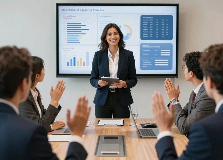 A modern office workspace with a team collaborating over laptops and digital charts.