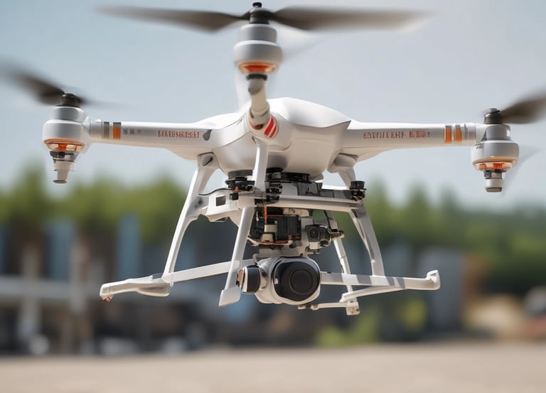 A professional drone flying over a construction site capturing high-resolution images.