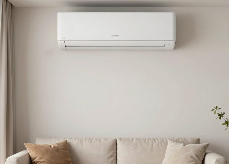 Modern white wall-mounted split air conditioner unit installed above a beige sofa in a minimalist living room.