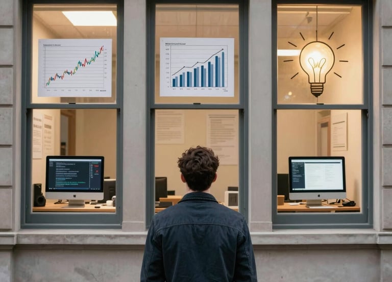 Persona de espaldas mirando ventana con bombilla computador y gráficas financieras