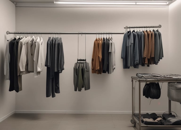 A vibrant workspace with colorful custom t-shirts laid out, alongside sketchpads and design tools.