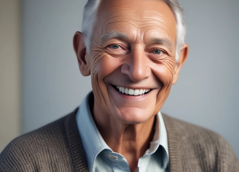 A serene scene of an elderly person smiling while speaking on a simple phone, with a caregiver listening attentively nearby.