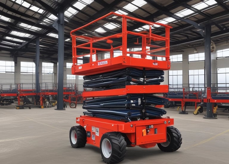 A bright yellow self-propelled scissor lift extended outdoors on a sunny construction site.