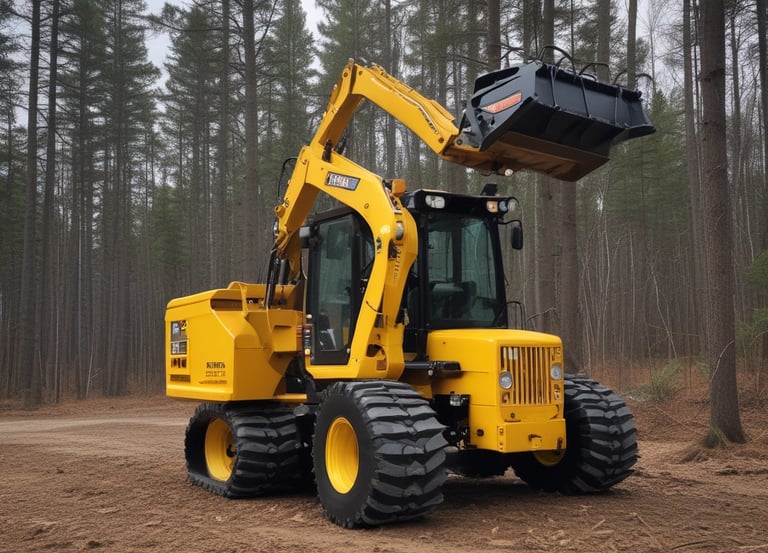 A rugged 2026 forestry mulcher clearing dense woodland under a bright sky.