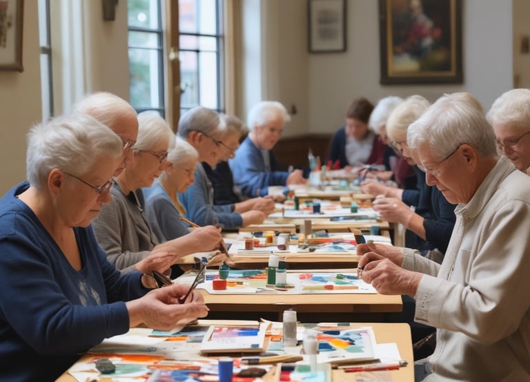 A group of smiling seniors participating in a lively chair exercise session.