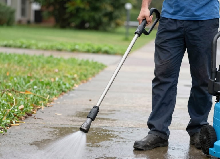 A vibrant green lawn beside a freshly washed car, with clean house siding in the background under clear skies.