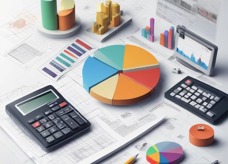A professional workspace with a laptop displaying financial charts in blue tones.
