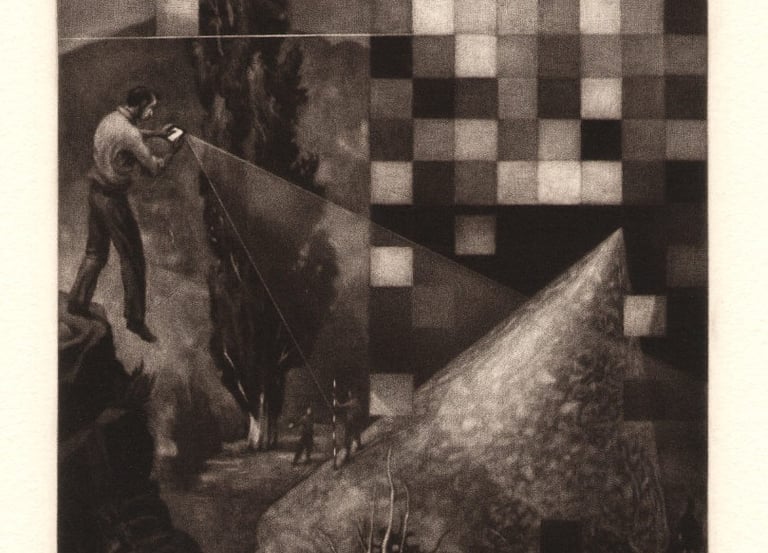 Mezzotint Cone of Vision Grid Pixels Cell Phone Poplar Robert De Groff DeGroff