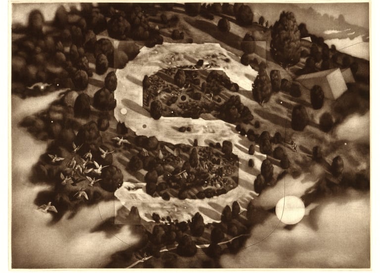 Mezzotint Ess Ephraim Utah Letter on Mountain Robert De Groff DeGroff Clouds Juniper Pigeon