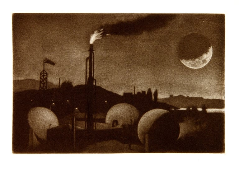 Oil refinery mezzotint moon sepia