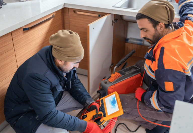 Two plumbers using a camera system to inspect a kitchen drain.