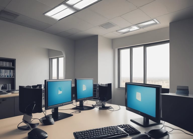 A modern office environment with computers and technology.