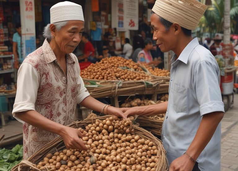 A jar of 'Bawang Goreng Sumenep' with a purple lid is positioned on a black pan, surrounded by various cooking ingredients. To the left are several red chili peppers and stalks of lemon grass. Near the top, there is a small bowl filled with crispy fried onions. On the right are cinnamon sticks, red shallots on green leaves, and a wooden cutting board with more shallots.