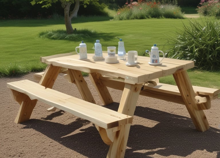 A stylish wooden picnic bench set up in a lush green park under a bright blue sky.