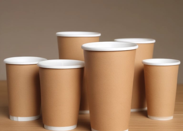 A collection of various paper cups in different sizes and designs.