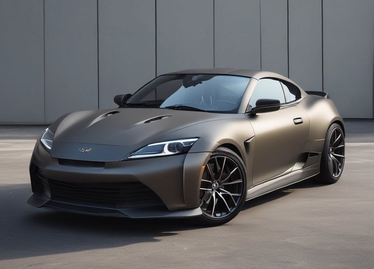a black sports car parked in front of a tall building